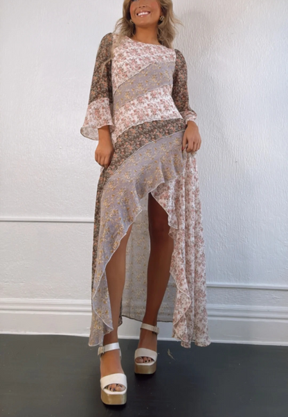 Floral Print 3/4 Sleeve Panel Maxi Dress
